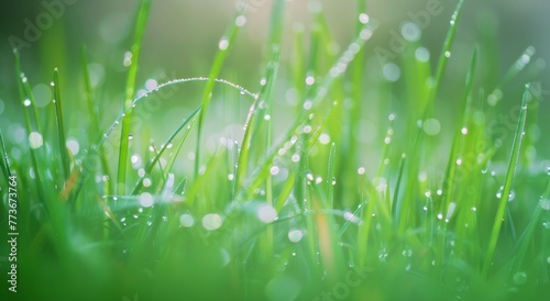 A field of green grass with raindrops on it