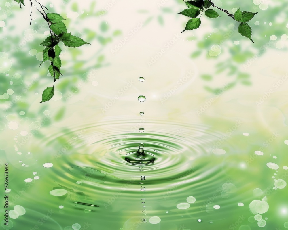 A drop of water falls into a green pond A drop of water falls into a green pond