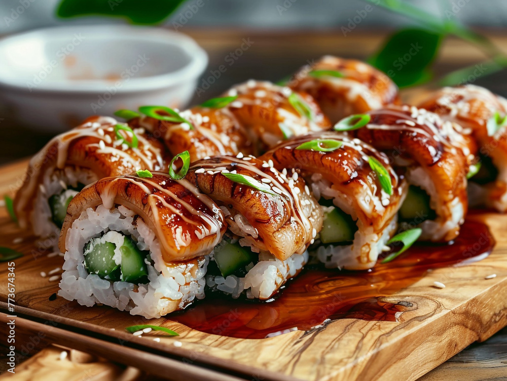 Eel roll with cream cheese and cucumber inside. Sesame and teriyaki sauce on the top and served on a wooden board. Eel roll with cream cheese and cucumber inside. Sesame and teriyaki sauce on the top and served on a wooden board.