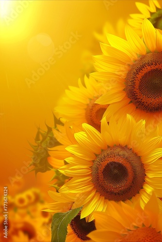 A close up of three sunflowers on a yellow background
