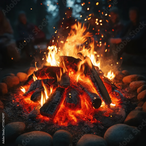 crackling campfire with glowing embers and dancing flames, evoking a sense of warmth and cosiness. The focus is on the bright orange flame
