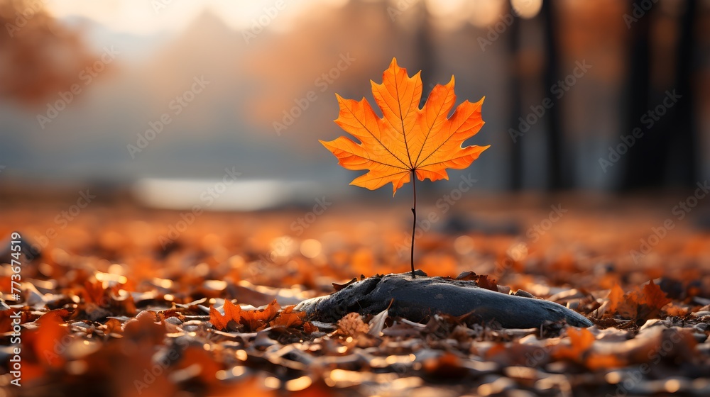 Beautiful orange autumn maple leaf close up in natural park with soft focus in sunlight
