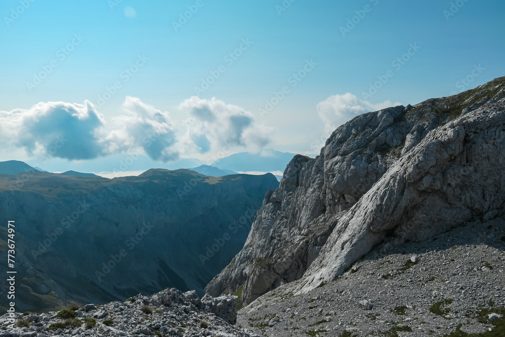 Panoramic view of majestic mountain peaks of Hochschwab massif, Styria, Austria. Idyllic hiking trail on high altitude alpine terrain, remote Austrian Alps in summer. Sense of escape. Nature lover