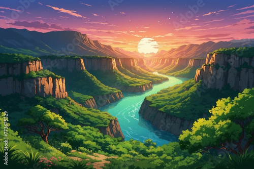 Green canyon in the twilight at sunset. In anime style