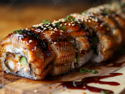Eel roll with cream cheese and cucumber inside. Sesame and teriyaki sauce on the top and served on a wooden board. 