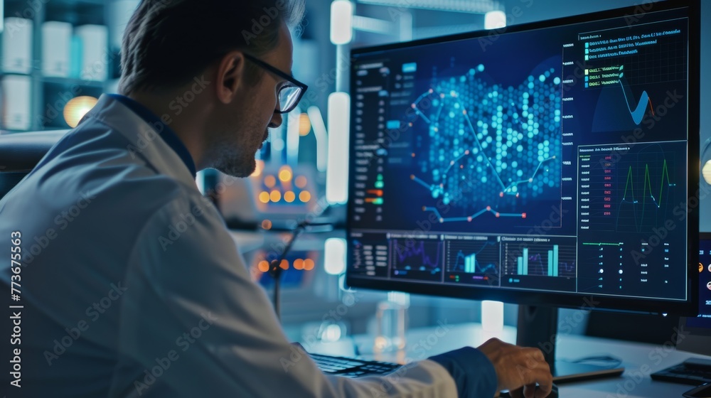 A scientist using a data visualization tool on a computer screen, analyzing research results A scientist using a data visualization tool on a computer screen, analyzing research results