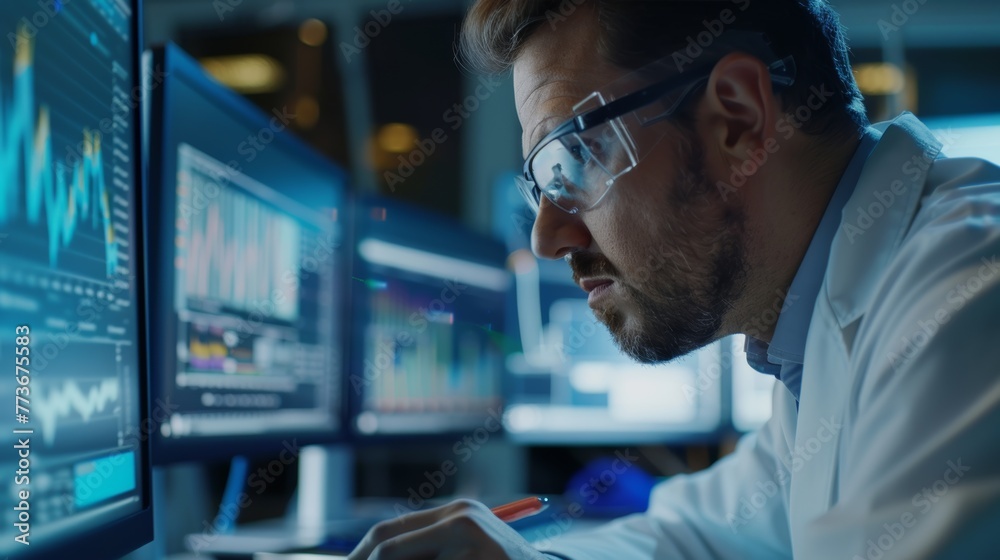 A scientist using a data visualization tool on a computer screen, analyzing research results A scientist using a data visualization tool on a computer screen, analyzing research results