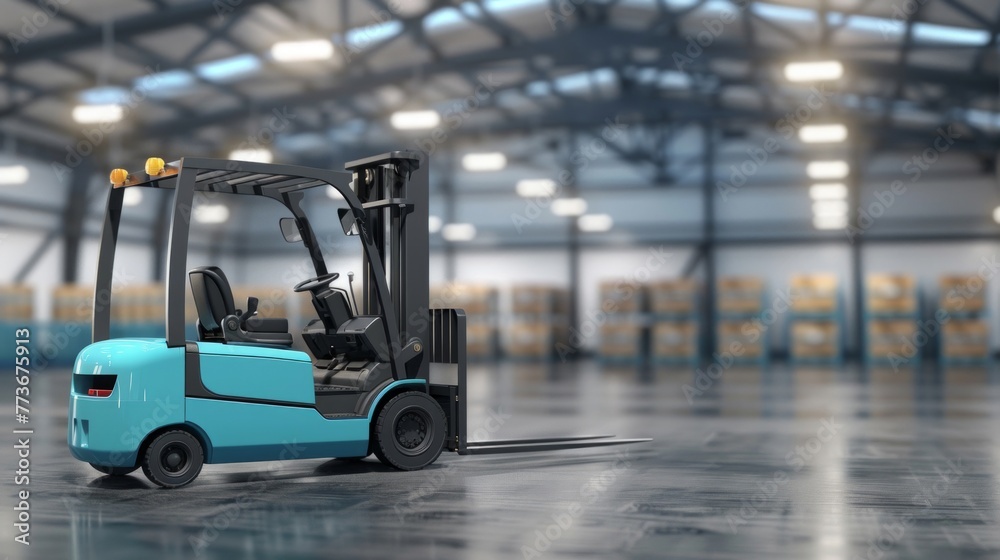A blue forklift is parked inside an industrial warehouse