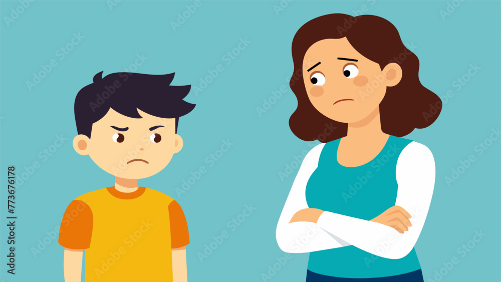 A teenage boy rolling his eyes and crossing his arms while his mother scolds him his body language revealing his frustration with her words. A teenage boy rolling his eyes and crossing his arms while his mother scolds him his body language revealing his frustration with her words.