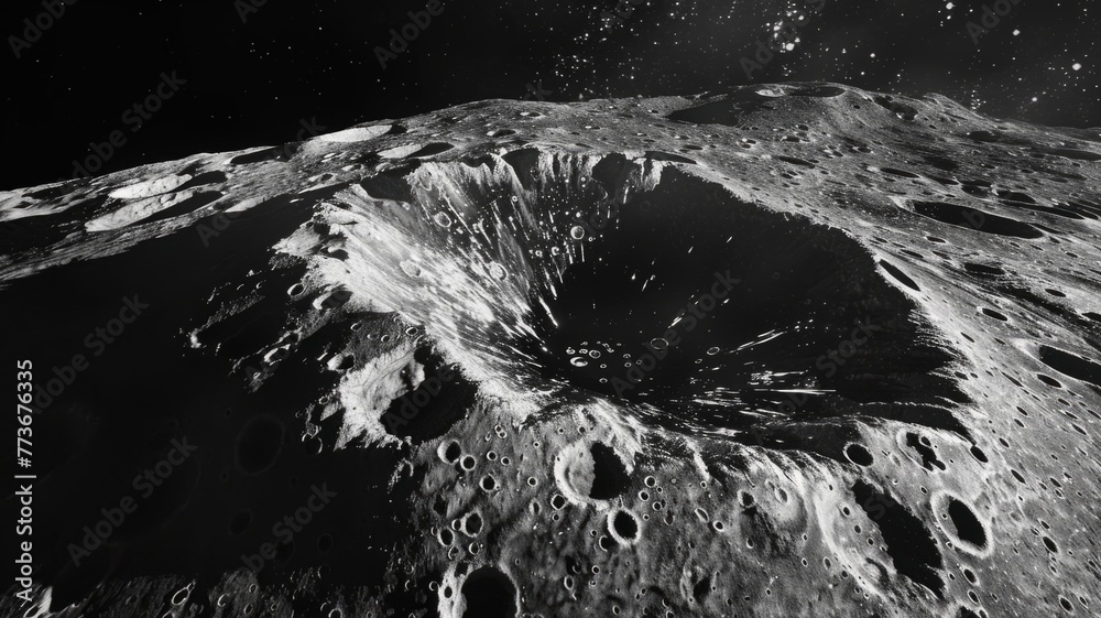 Close-up of lunar craters and ridges - Monochrome image of the moon's surface showcasing the detailed texture of craters and ridges against the dark lunar sky - obrazy, fototapety, plakaty 