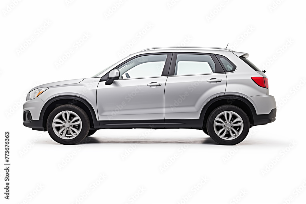 Small silver SUV car on a white background