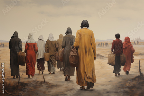 Syrian Refugees walking in the desert painting