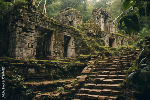 Mayan temple in archaeological site in Mexico covered in green grass moss