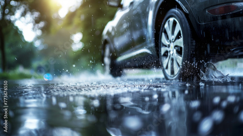 Vehicle speeding through rainy street with splashes - This powerful image shows a car's movement on a rain-drenched road, with water splashing and street lights reflecting in the wet surface, conveyin