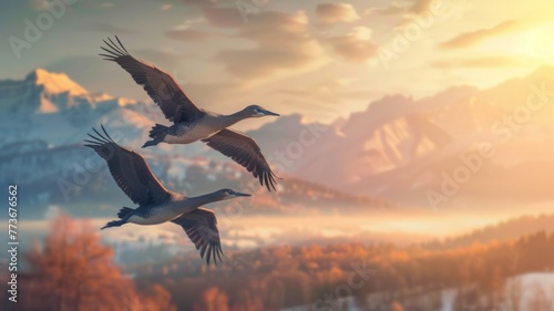 Geese flying over a breath-taking landscape - Two Canadian geese in flight against a stunning dawn or dusk, showcasing the beauty and freedom of the natural world