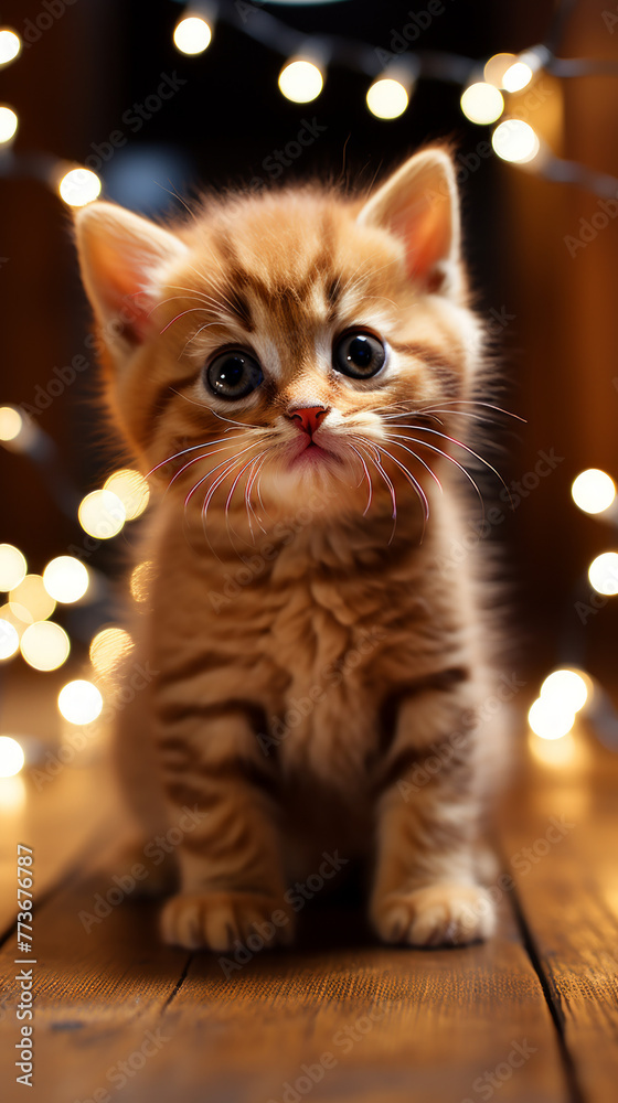 Tabby Kitten with Festive Lights Background

