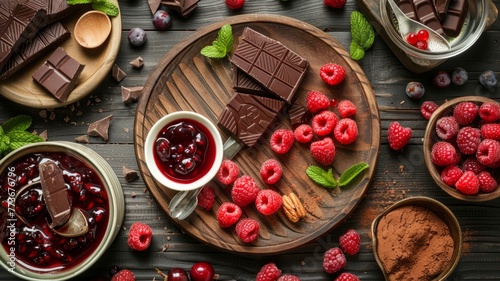 Artful chocolate and raspberry composition - A visually stunning top-down view of chocolate slabs, cocoa, raspberries, and crushed nuts expressed in artistic food styling