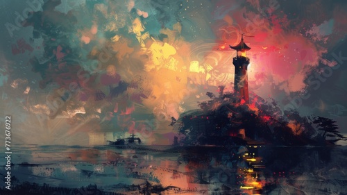 Ethereal lighthouse scene with shadowy clouds - An Artistic depiction of a lighthouse surrounded by shadowy, mysterious clouds with a touch of light in the dark