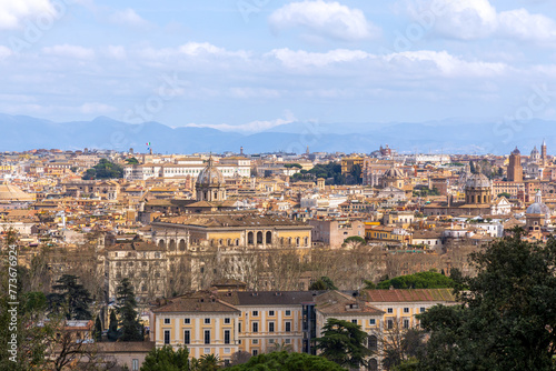 Aerial view of the historical center of Rome, Italy, from the height of the Janiculum Hill