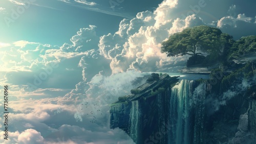 Epic waterfall with a cloud-filled sky - An awe-inspiring digital image of a waterfall cascading into the clouds with lush greenery surrounding