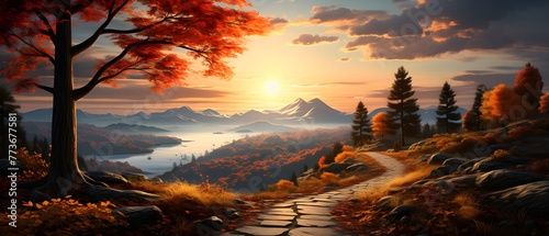 Picturesque natural autumn landscape with sun, road and beautiful trees with red and orange foliage