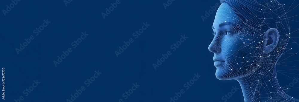 Abstract face scanning and recognition in blue technology background. Abstract face scanning and recognition in lines, connected dots technology style with blank space for text Abstract face scanning and recognition in blue technology background. Abstract face scanning and recognition in lines, connected dots technology style with blank space for text