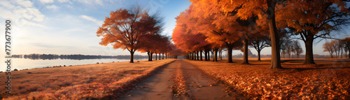 Picturesque natural autumn park with beautiful trees with red and orange foliage