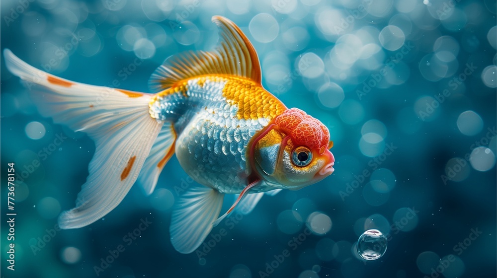Photo of an orange-white fish with red hair. A goldfish swimming with air bubbles from its mouth in the water.