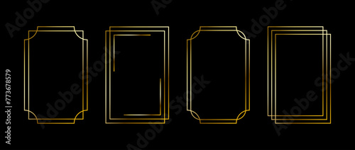 Golden thin frame set. Gold geometric borders in art deco style. Thin linear radiance rectangular shape collection. Yellow glowing shiny boarder element pack. Vector bundle for photo, cadre, poster