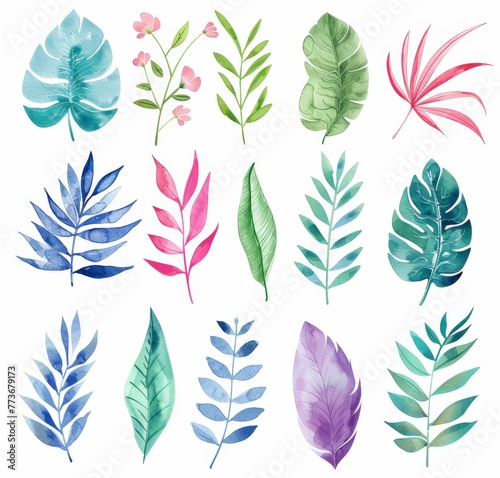 Several watercolor leaves are arranged on a plain white background, showcasing various shades of green, yellow, and brown