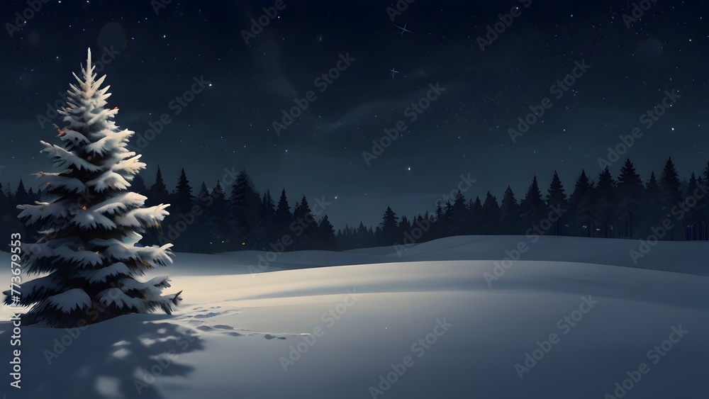 A solitary snow-covered pine tree stands in a tranquil winter landscape illuminated by a radiant light and stars streaking across the night sky. winter landscape with snow A solitary snow-covered pine tree stands in a tranquil winter landscape illuminated by a radiant light and stars streaking across the night sky. winter landscape with snow