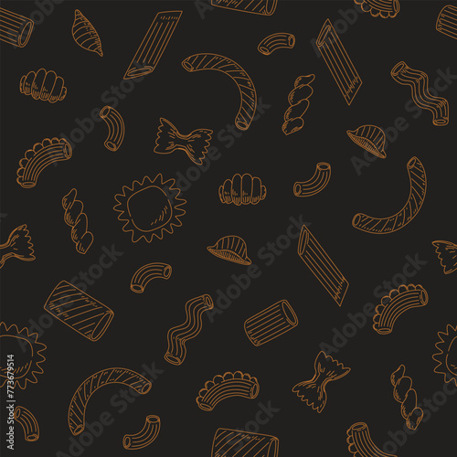 Italian pasta. Seamless pattern for menu, posters, cooking books, packeging design, fabric textile or wrapping paper. Vector illustration 