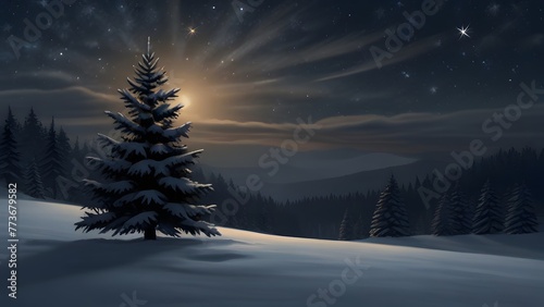A solitary snow-covered pine tree stands in a tranquil winter landscape illuminated by a radiant light and stars streaking across the night sky. winter landscape with snow