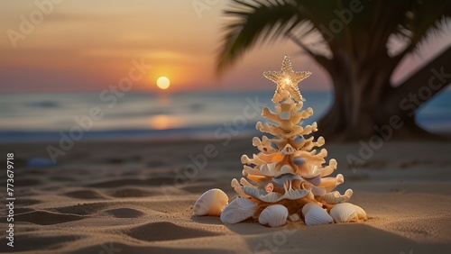 A Christmas tree made from an arrangement of seashells is placed on a sandy beach, capturing the essence of a tropical holiday at sunset. christmas tree at the beach seashell on the beach