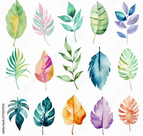 Multiple watercolor painted leaves arranged on a plain white background