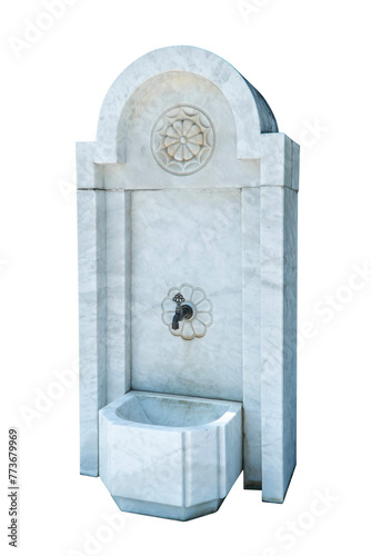 Side of Turkey or Turkiye marble faucet isolated on white background. Vintage or ancient turkey tap with marble wash basin isolated