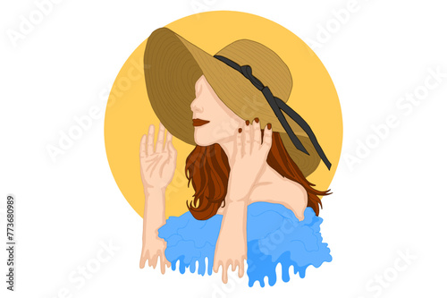 Beautiful Woman Using Beach Hat In Summer Vector