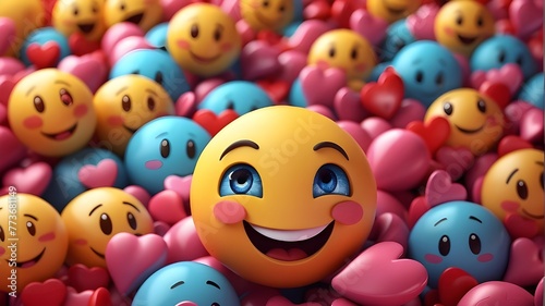 "3D emoji in love emoticon. Realistic photograph of a 3D-rendered emoji depicting a smiling face with hearts for eyes, conveying a feeling of love and affection. The emoticon is rendered with high det