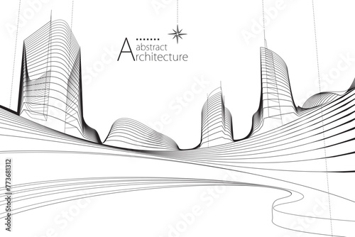 3D illustration, abstract modern urban landscape line drawing, imaginative architecture building construction perspective design.
