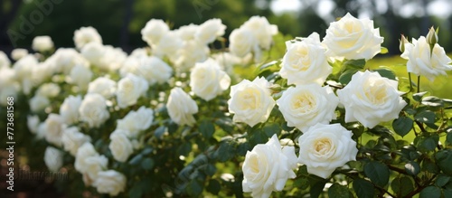 White roses in full bloom captured up close in a sprawling field, showcasing their delicate petals and vibrant color