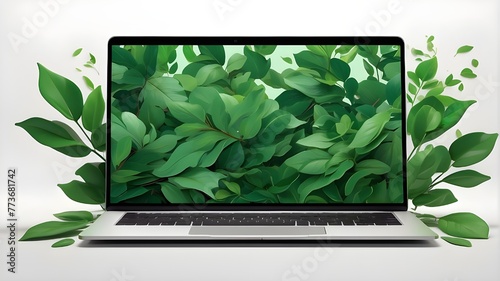 "Digital illustration of a laptop mockup adorned with green leaves on a white background. The artwork features a stylized representation of a laptop surrounded by vibrant green foliage, evoking a sens