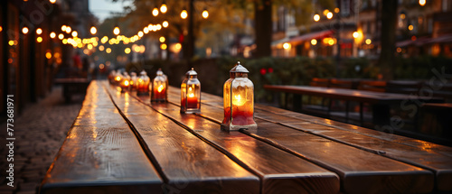 Empty wooden table and bokeh lights blurred outdoor cafe background