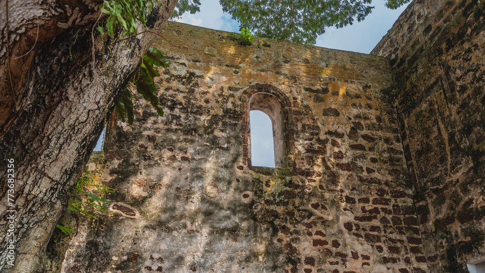 Ruins of an ancient fortress. Weathered brick walls. The blue sky is visible through the window openings. The trunks and the foliage of an old tropical tree in the foreground. Kota A Famosa. Malaysia Ruins of an ancient fortress. Weathered brick walls. The blue sky is visible through the window openings. The trunks and the foliage of an old tropical tree in the foreground. Kota A Famosa. Malaysia