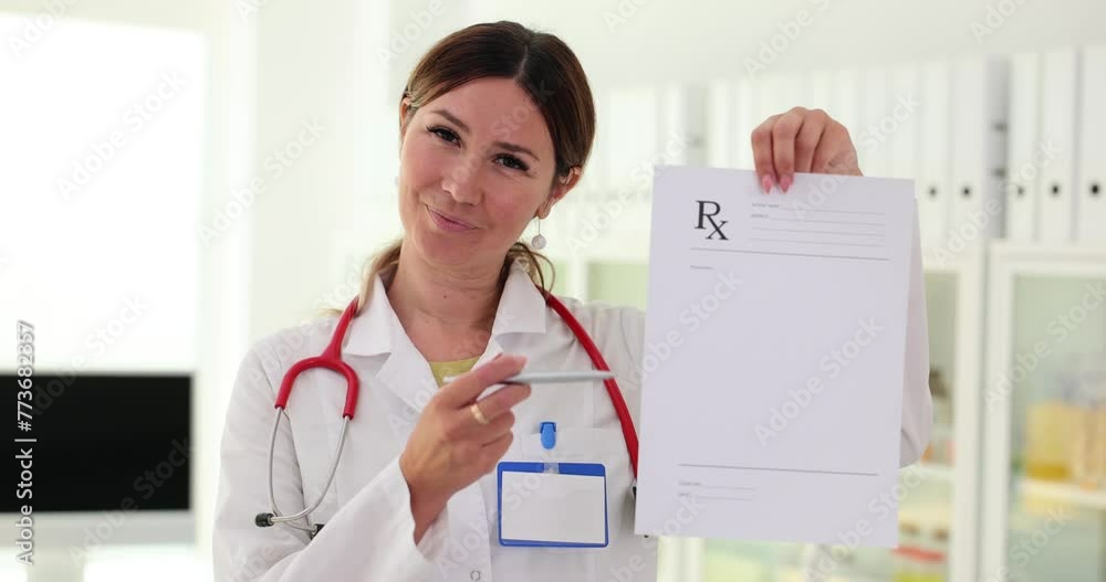 Friendly female doctor in white coat holds and points to blank prescription paper with pen in hand Friendly female doctor in white coat holds and points to blank prescription paper with pen in hand