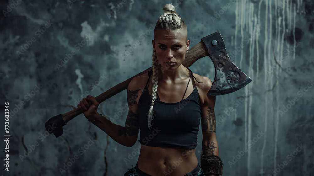 Formidable Viking girl with axe, harsh look, gray background, gloomy atmosphere, determination, warrior spirit, historical warrior, fierce warrior. Formidable Viking girl with axe, harsh look, gray background, gloomy atmosphere, determination, warrior spirit, historical warrior, fierce warrior.