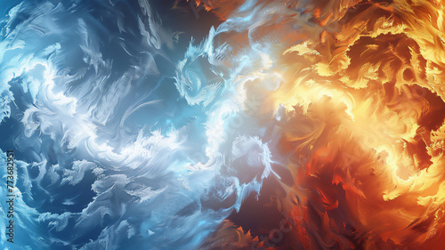 Fractal patterns of ice and flame meet in the opposition of blue and red tones, serving as a background image and creating a striking contrast. photo