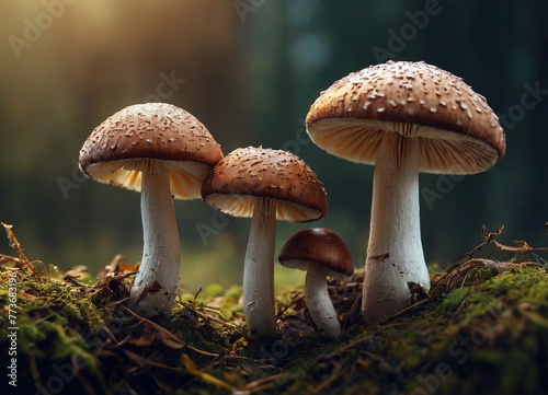 A group of inedible poisonous mushrooms in the forest. There are many fungi that are dangerous to human health. photo