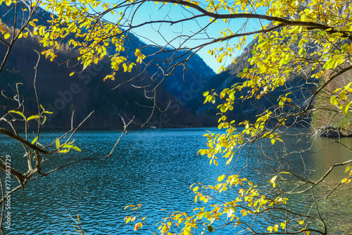 Panoramic view of Leopoldsteiner lake in in Eisenerz, Ennstal Alps, Styria, Austria. Vibrant autumn coloured forest. Calm water surface. Scene of majestic mountain peaks of Austrian Alps. Tranquility photo