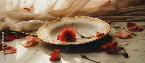 A delicate rose placed on a decorative plate alongside another blooming rose, creating a harmonious and elegant composition