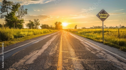 Open road in the countryside at sunrise with a sign reading 